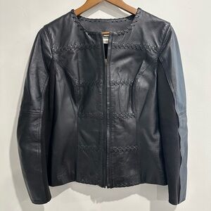 NYGARD COLLECTION Vintage Leather & Knit Grunge‎ Moto Patchwork Jacket Size 8